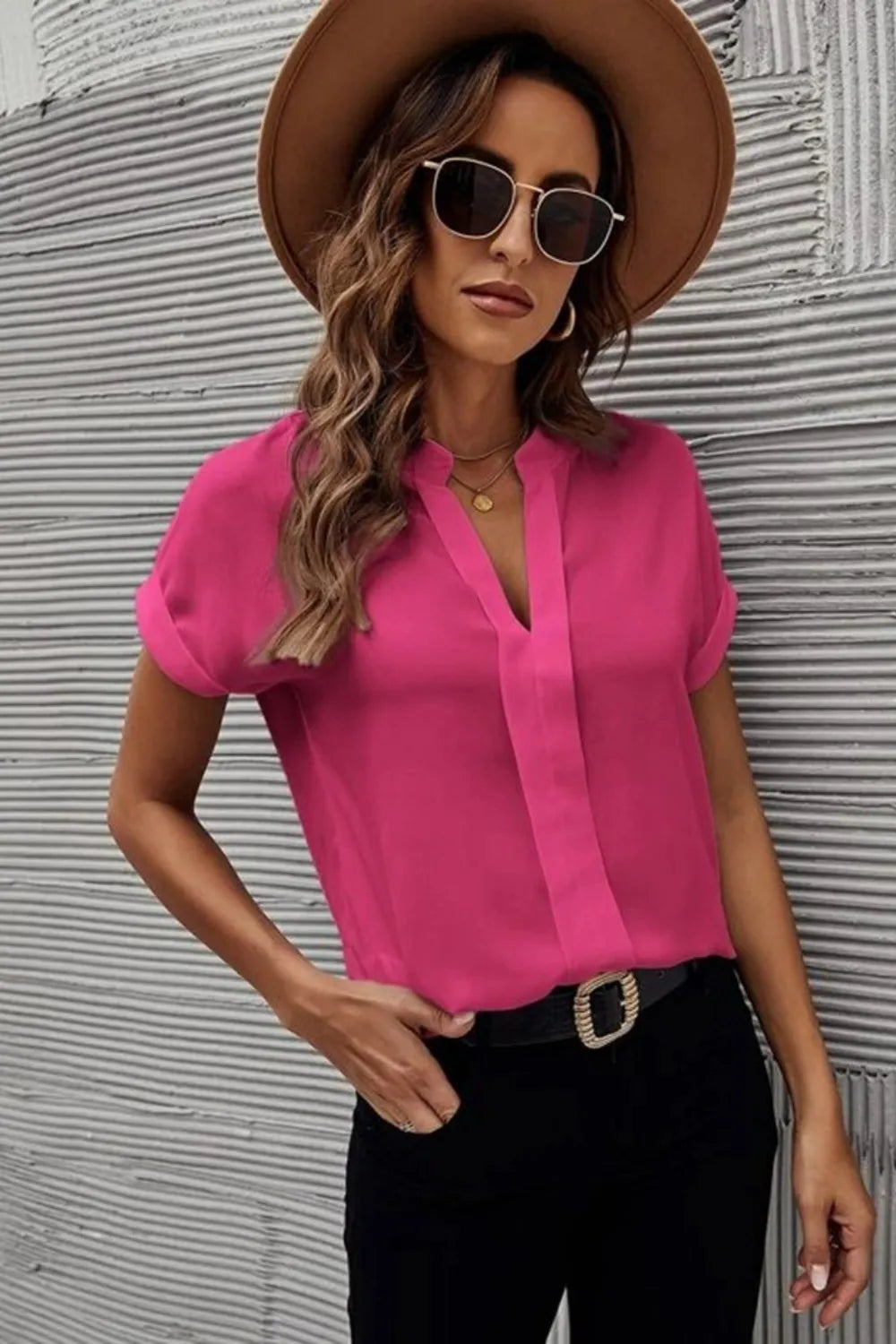 Notched Short Sleeve Blouse
